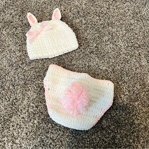 Adorable Pink and White Bunny Ear Hat and Diaper Cover Set